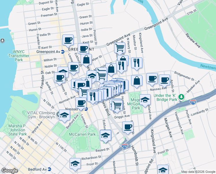 map of restaurants, bars, coffee shops, grocery stores, and more near 108A Diamond Street in Brooklyn