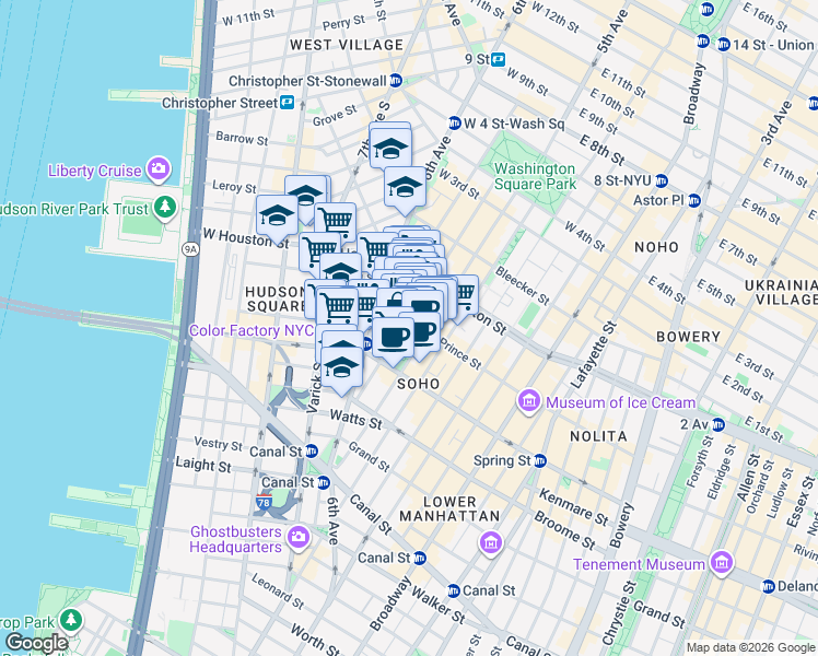 map of restaurants, bars, coffee shops, grocery stores, and more near 144 Sullivan Street in New York