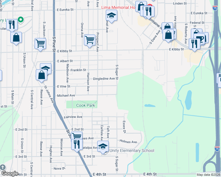 map of restaurants, bars, coffee shops, grocery stores, and more near 918 East Vine Street in Lima