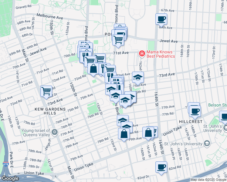 map of restaurants, bars, coffee shops, grocery stores, and more near 75-01 Parsons Boulevard in Queens