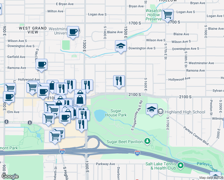 map of restaurants, bars, coffee shops, grocery stores, and more near 1410 Redondo Avenue South in Salt Lake City