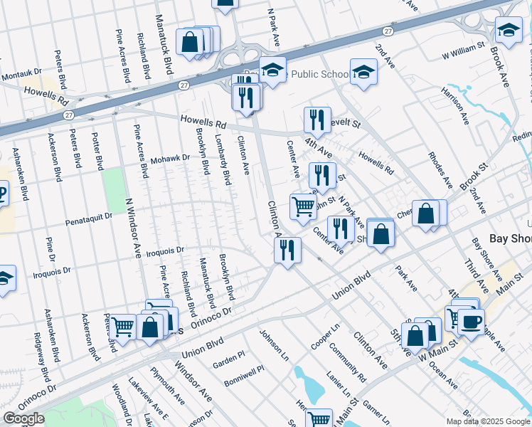 map of restaurants, bars, coffee shops, grocery stores, and more near 156 5th Avenue in Bay Shore