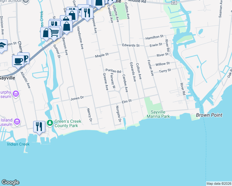 map of restaurants, bars, coffee shops, grocery stores, and more near 12 Wendover Road in Sayville