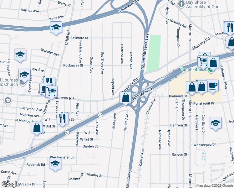 map of restaurants, bars, coffee shops, grocery stores, and more near 147 Norma Avenue in West Islip