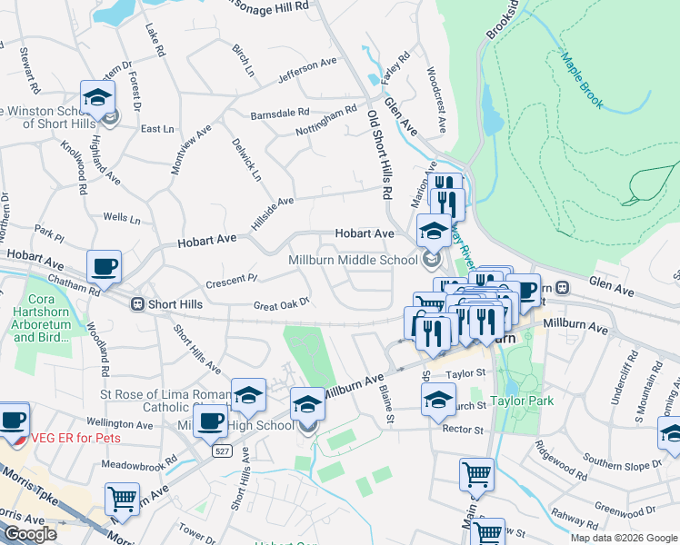 map of restaurants, bars, coffee shops, grocery stores, and more near 40 Hawthorne Road in Millburn