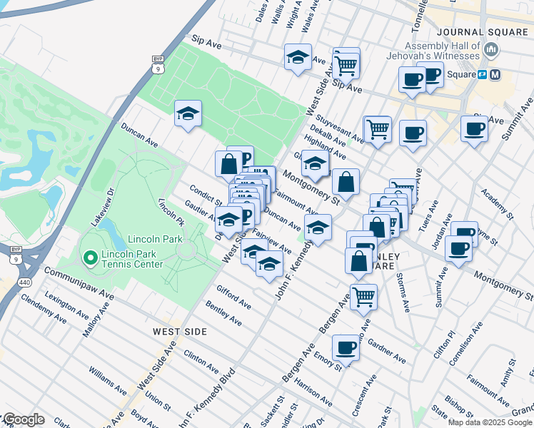 map of restaurants, bars, coffee shops, grocery stores, and more near 141 Duncan Avenue in Jersey City
