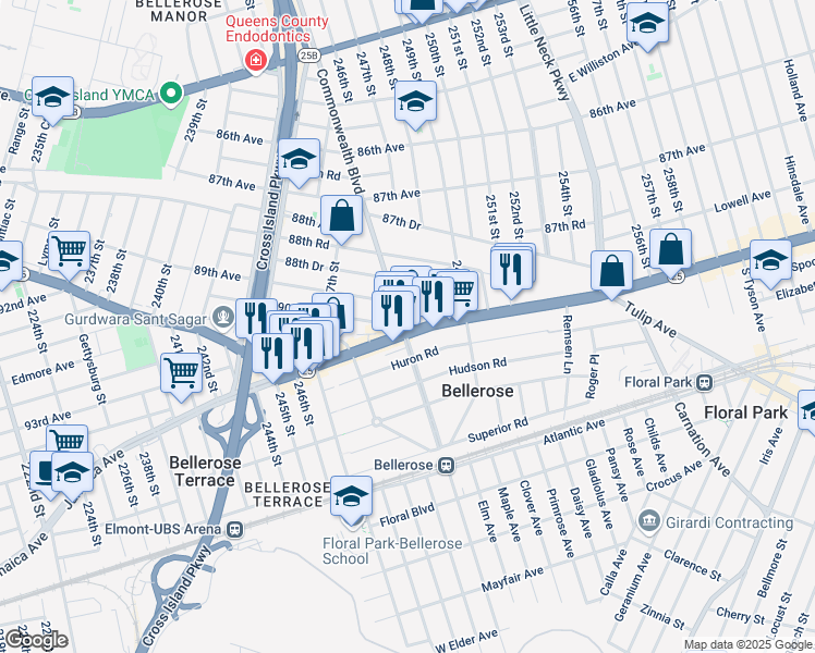map of restaurants, bars, coffee shops, grocery stores, and more near 24815 New York 25 in Queens