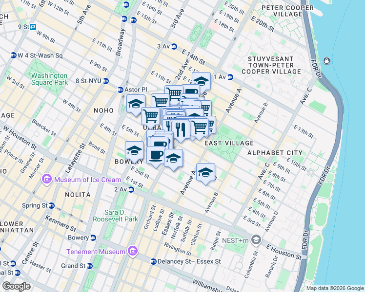 map of restaurants, bars, coffee shops, grocery stores, and more near 117 1st Avenue in New York