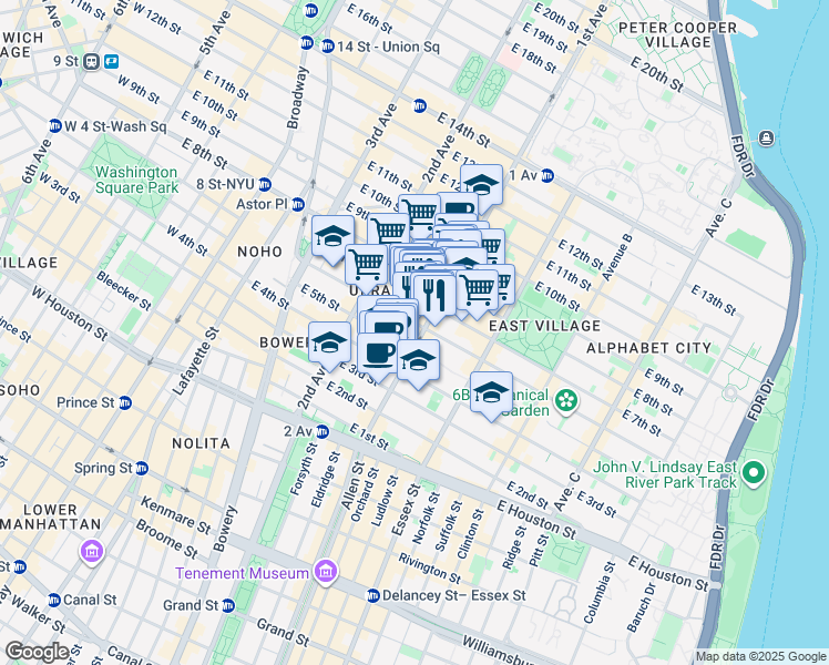 map of restaurants, bars, coffee shops, grocery stores, and more near 117 1st Avenue in New York