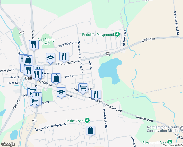 map of restaurants, bars, coffee shops, grocery stores, and more near 598 Penn Street in Bath