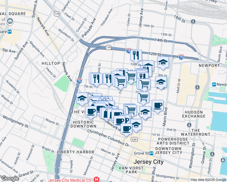 map of restaurants, bars, coffee shops, grocery stores, and more near 299 7th Street in Jersey City