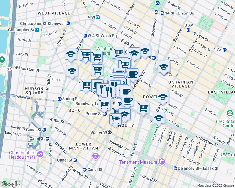 map of restaurants, bars, coffee shops, grocery stores, and more near 634 Broadway in New York