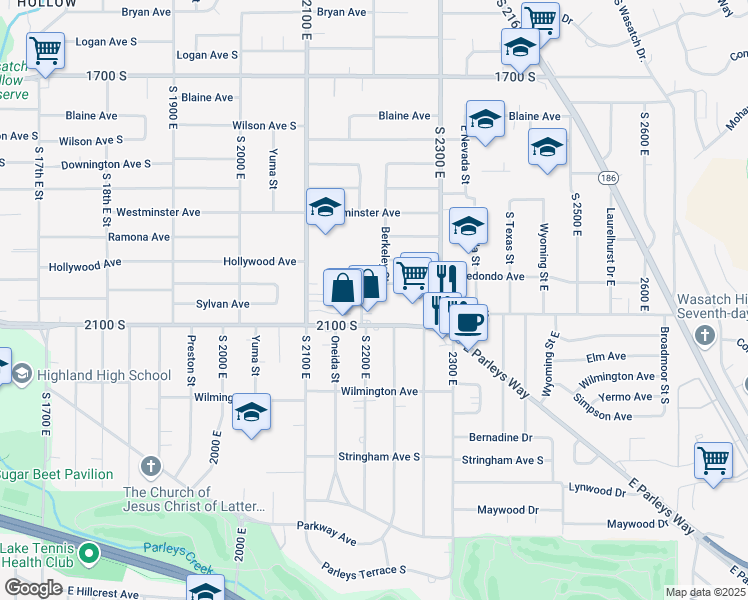 map of restaurants, bars, coffee shops, grocery stores, and more near 2007 South 2200 East in Salt Lake City