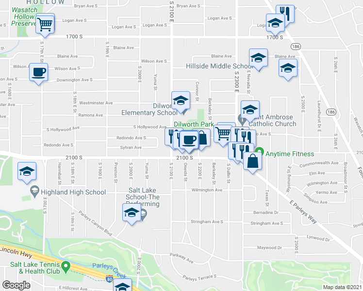map of restaurants, bars, coffee shops, grocery stores, and more near 2011 South 2100 East in Salt Lake City
