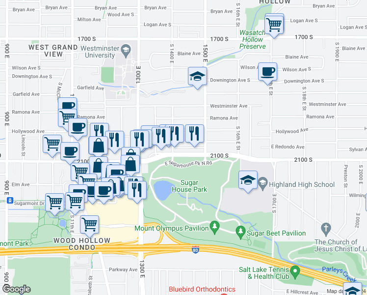 map of restaurants, bars, coffee shops, grocery stores, and more near 1410 Redondo Avenue South in Salt Lake City