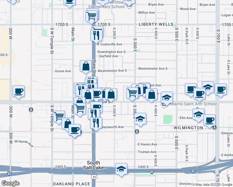 map of restaurants, bars, coffee shops, grocery stores, and more near 2017 South 200 East in Salt Lake City