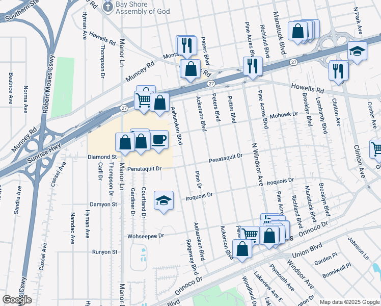 map of restaurants, bars, coffee shops, grocery stores, and more near 512 Pine Drive in Brightwaters