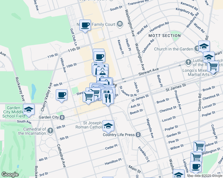 map of restaurants, bars, coffee shops, grocery stores, and more near 364 Stewart Avenue in Garden City