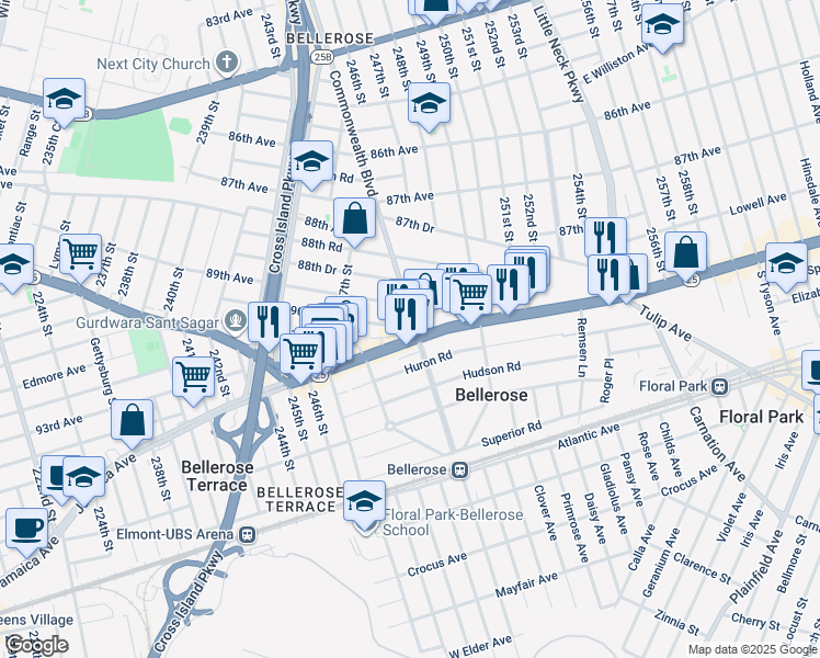map of restaurants, bars, coffee shops, grocery stores, and more near 247-63 90th Avenue in Queens