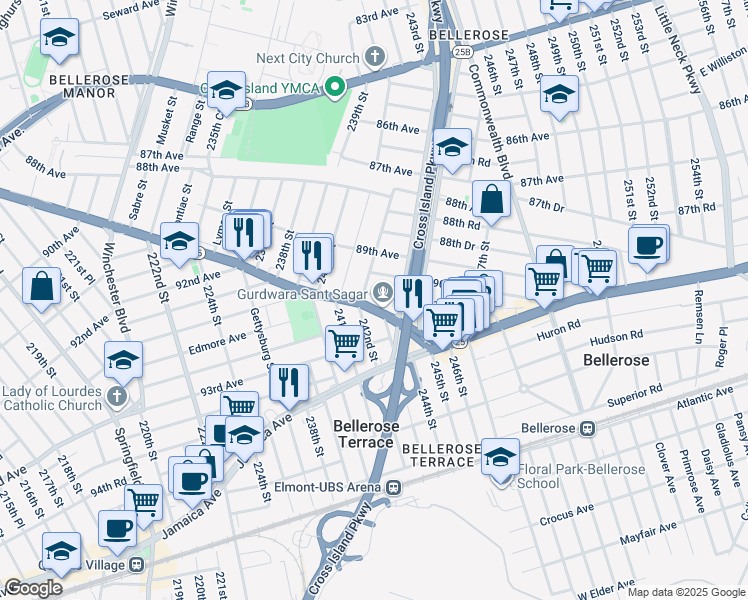 map of restaurants, bars, coffee shops, grocery stores, and more near 241-23 Braddock Avenue in Queens