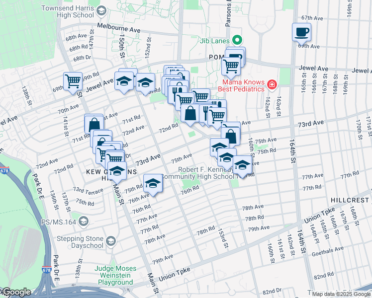 map of restaurants, bars, coffee shops, grocery stores, and more near 150-45 73rd Avenue in Queens