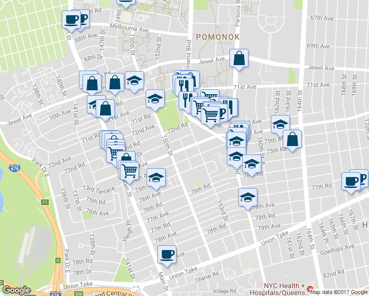 map of restaurants, bars, coffee shops, grocery stores, and more near 150-45 73rd Avenue in Queens