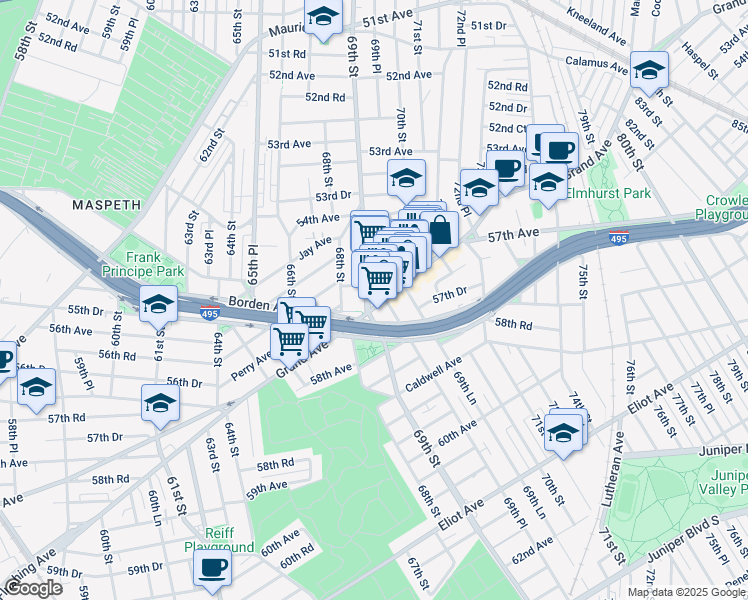 map of restaurants, bars, coffee shops, grocery stores, and more near 69-29 Grand Avenue in Queens