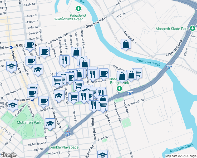 map of restaurants, bars, coffee shops, grocery stores, and more near 640 Morgan Avenue in Brooklyn