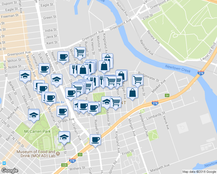 map of restaurants, bars, coffee shops, grocery stores, and more near 202 Monitor Street in Brooklyn