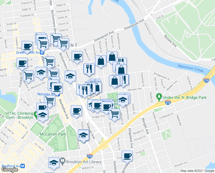 map of restaurants, bars, coffee shops, grocery stores, and more near 209 North Henry Street in Brooklyn