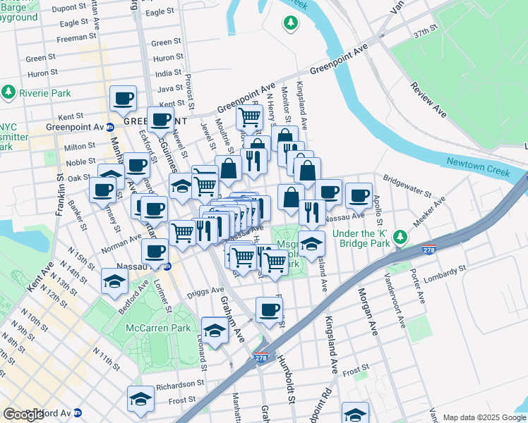 map of restaurants, bars, coffee shops, grocery stores, and more near 720 Humboldt Street in Brooklyn