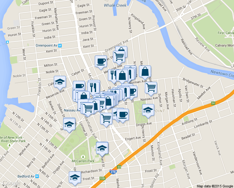 map of restaurants, bars, coffee shops, grocery stores, and more near 108A Diamond Street in Brooklyn