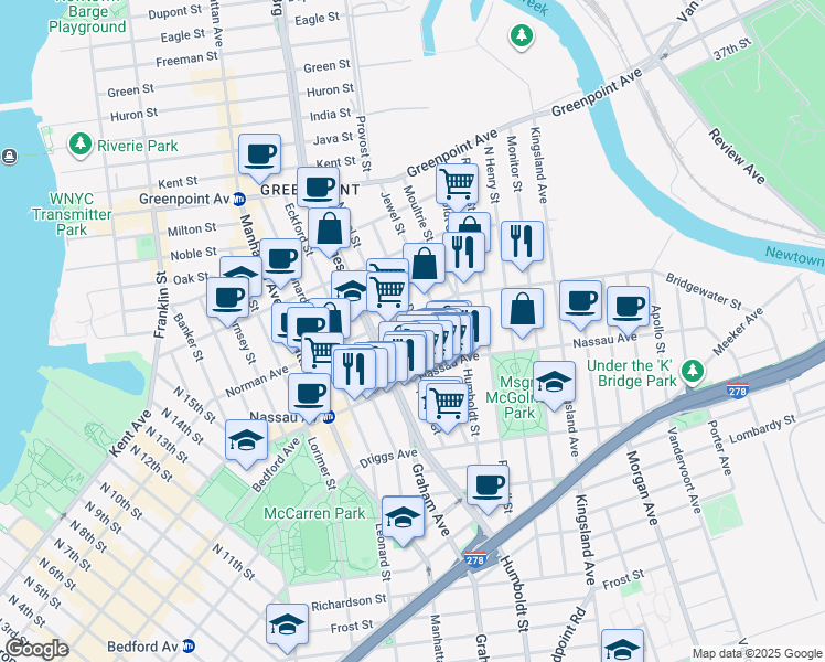map of restaurants, bars, coffee shops, grocery stores, and more near 108A Diamond Street in Brooklyn