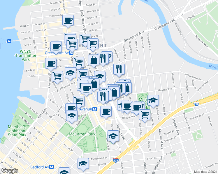 map of restaurants, bars, coffee shops, grocery stores, and more near 152 Norman Avenue in Brooklyn