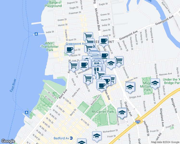 map of restaurants, bars, coffee shops, grocery stores, and more near 1032 Lorimer Street in Brooklyn