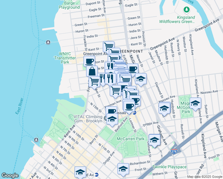 map of restaurants, bars, coffee shops, grocery stores, and more near 73 Meserole Avenue in Brooklyn
