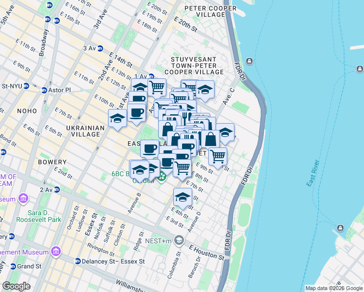 map of restaurants, bars, coffee shops, grocery stores, and more near 375 East 10th Street in New York