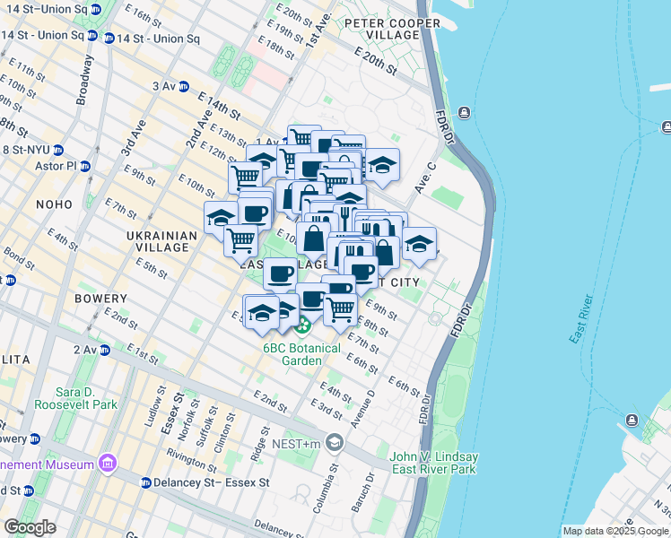 map of restaurants, bars, coffee shops, grocery stores, and more near 375 East 10th Street in New York