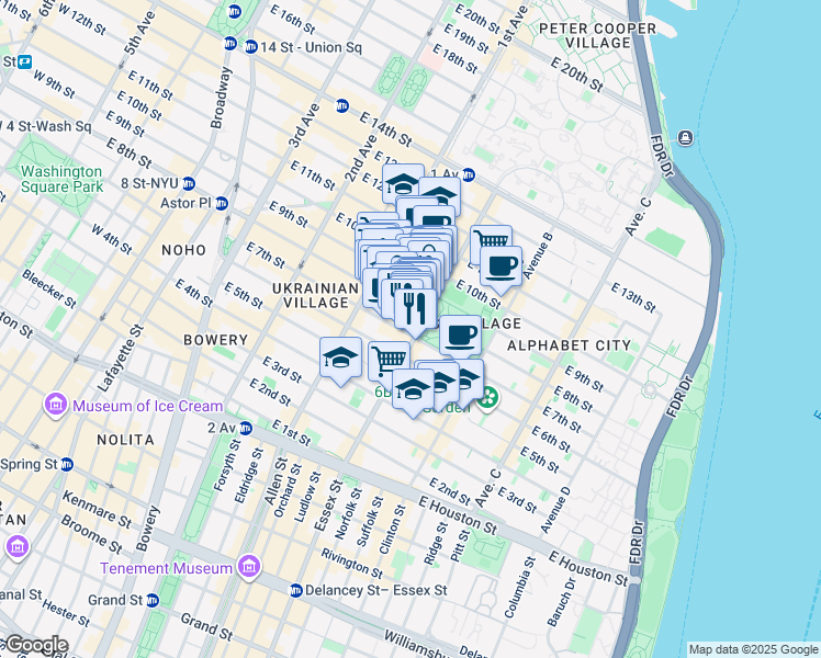 map of restaurants, bars, coffee shops, grocery stores, and more near 117 Avenue A in New York