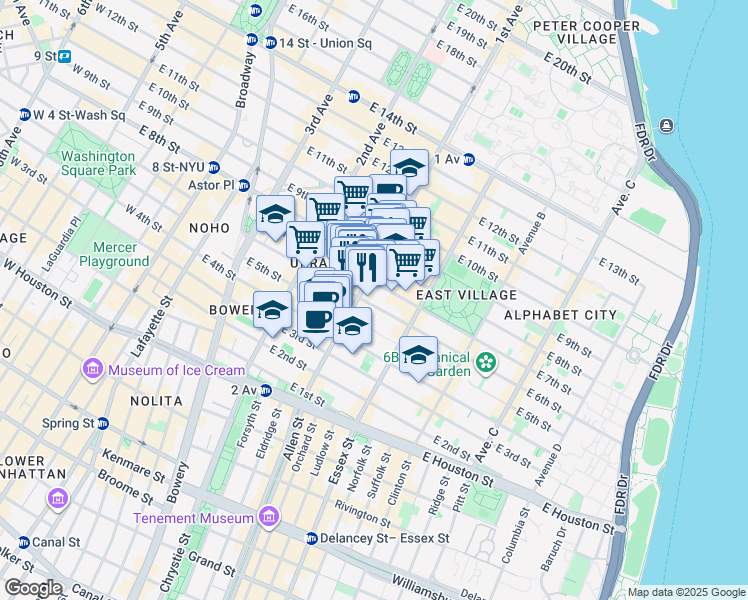 map of restaurants, bars, coffee shops, grocery stores, and more near 117 1st Avenue in New York