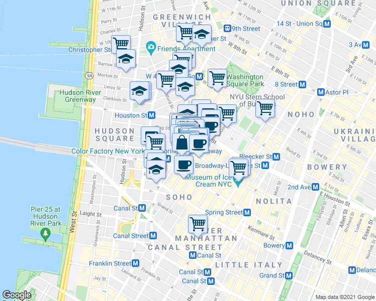 map of restaurants, bars, coffee shops, grocery stores, and more near 144 Sullivan Street in New York