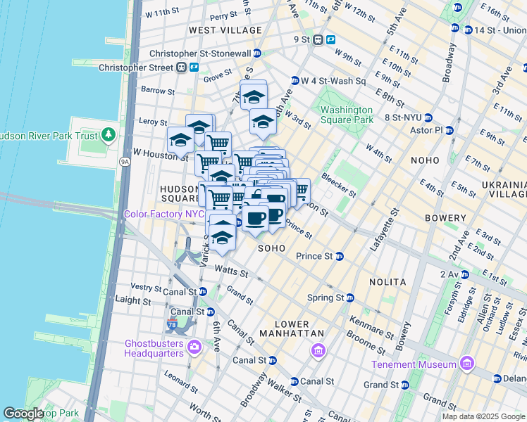 map of restaurants, bars, coffee shops, grocery stores, and more near 144 Sullivan Street in New York