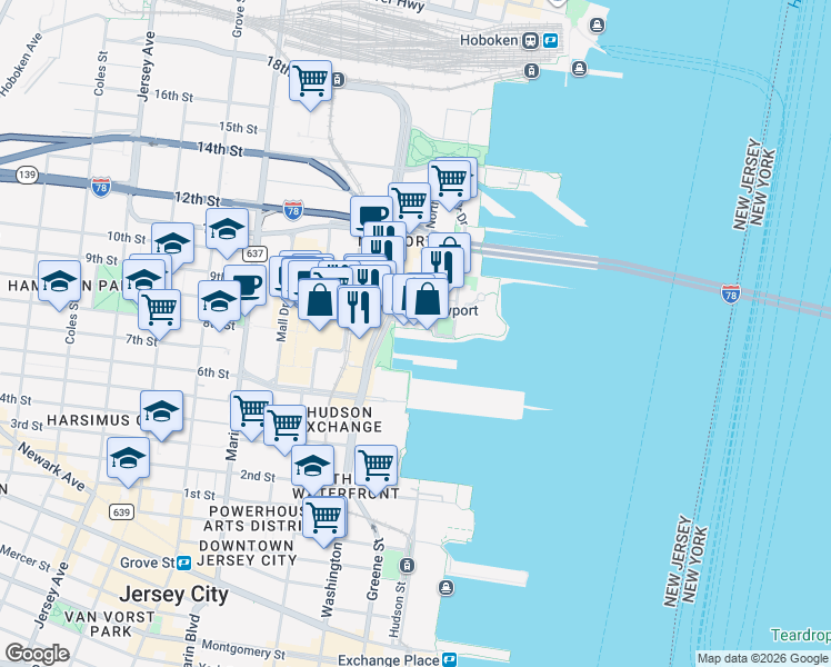 map of restaurants, bars, coffee shops, grocery stores, and more near in Jersey City