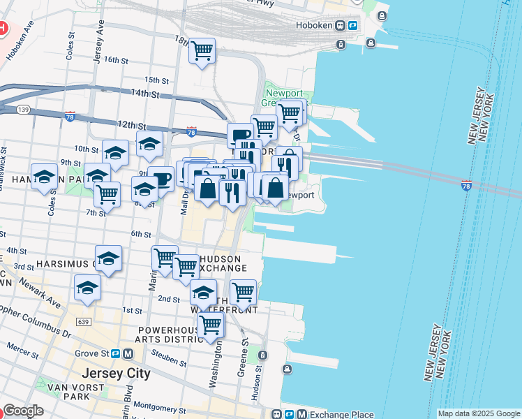 map of restaurants, bars, coffee shops, grocery stores, and more near in Jersey City