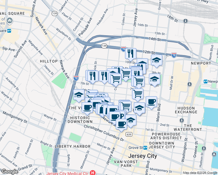 map of restaurants, bars, coffee shops, grocery stores, and more near 299 7th Street in Jersey City