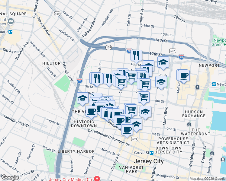 map of restaurants, bars, coffee shops, grocery stores, and more near 299 7th Street in Jersey City