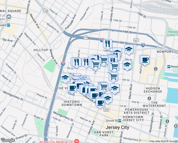 map of restaurants, bars, coffee shops, grocery stores, and more near 299 7th Street in Jersey City