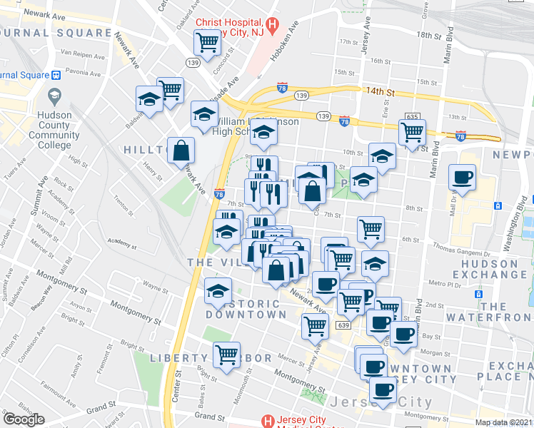 map of restaurants, bars, coffee shops, grocery stores, and more near 189 Brunswick Street in Jersey City