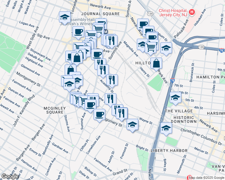map of restaurants, bars, coffee shops, grocery stores, and more near 12 Front Street in Jersey City