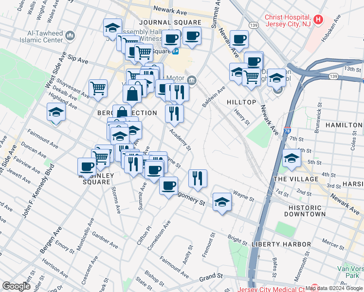map of restaurants, bars, coffee shops, grocery stores, and more near 121 Baldwin Avenue in Jersey City